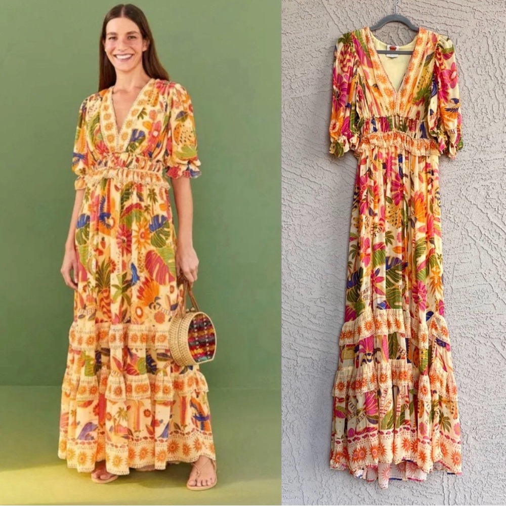 Farm Rio Tapestry Yellow Boho Floral Maxi Dress - Yellow Multi